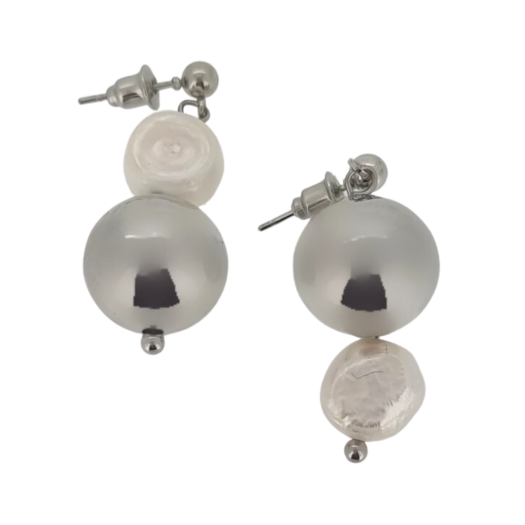 Silver seed pearl drop ball earrings