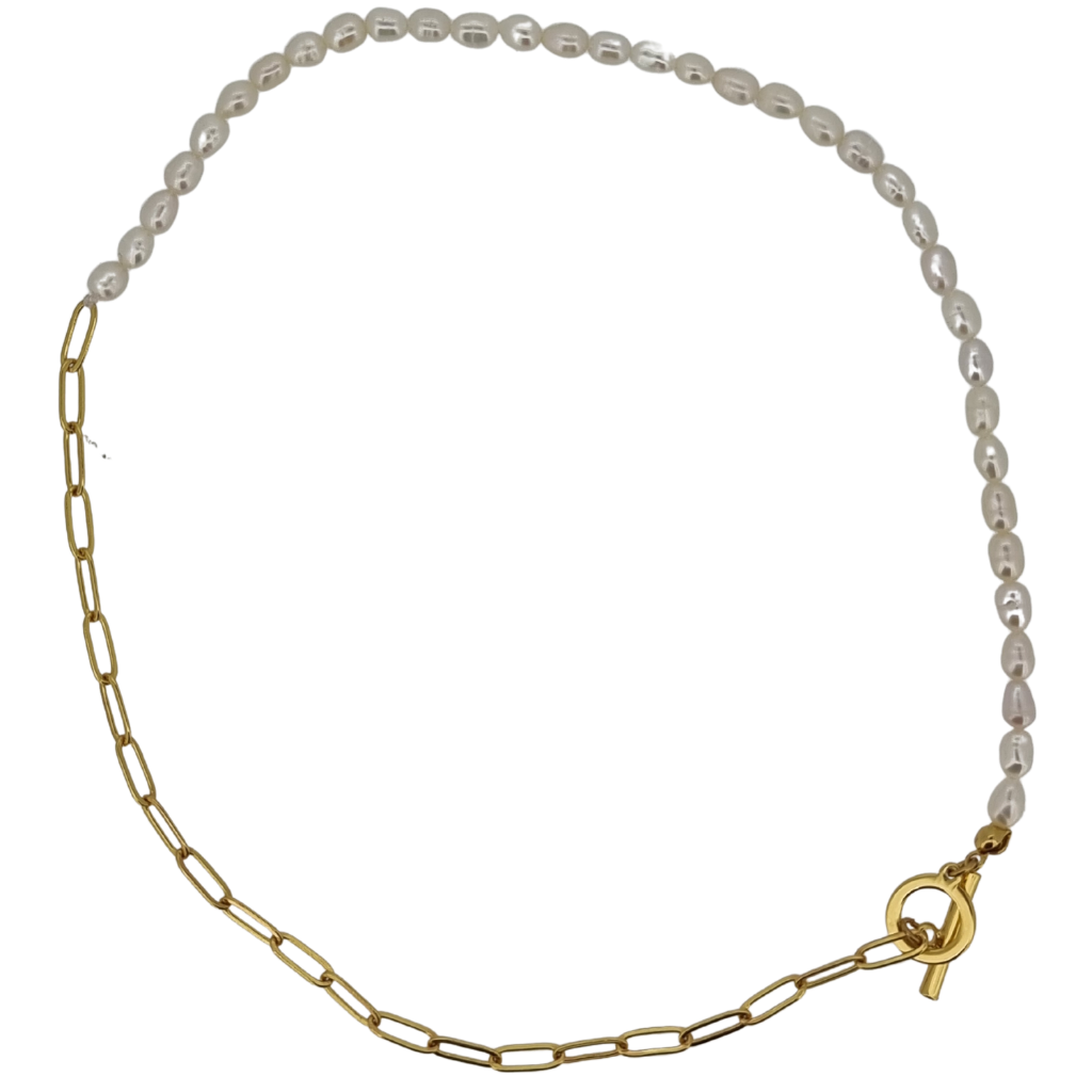 18K gold plated half pearl & half chain necklace