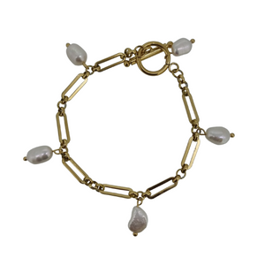 18k gold plated real seed pearl toggle charm bracelet