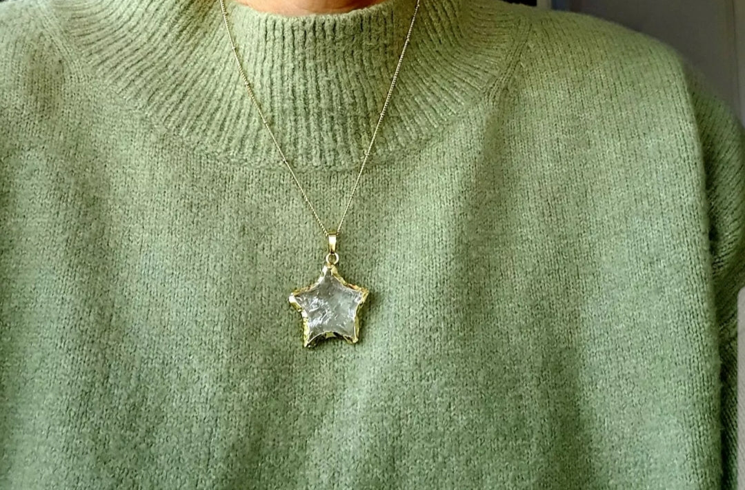 24k gold plated raw crystal quartz star necklace