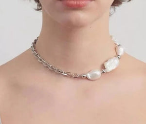 Silver baroque pearl style chain necklace