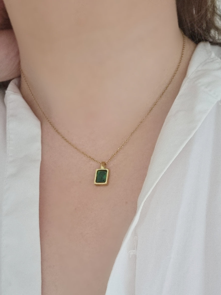 18k gold plated emerald green square cz crystal necklace
