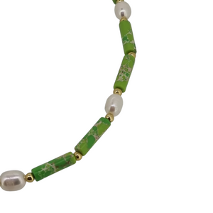 18k gold plated green stone & seed pearl necklace