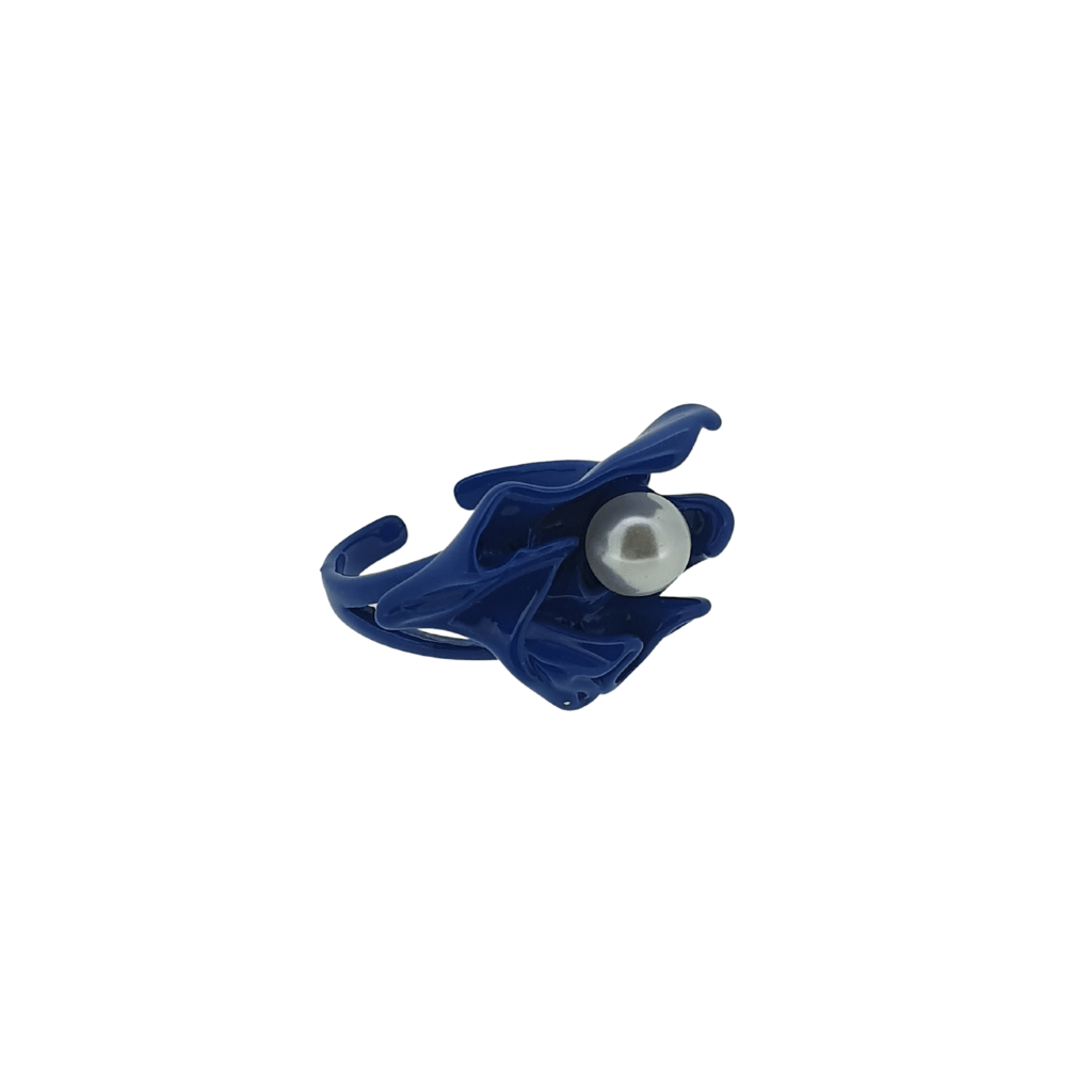 Blue enamel origami pearl statement ring
