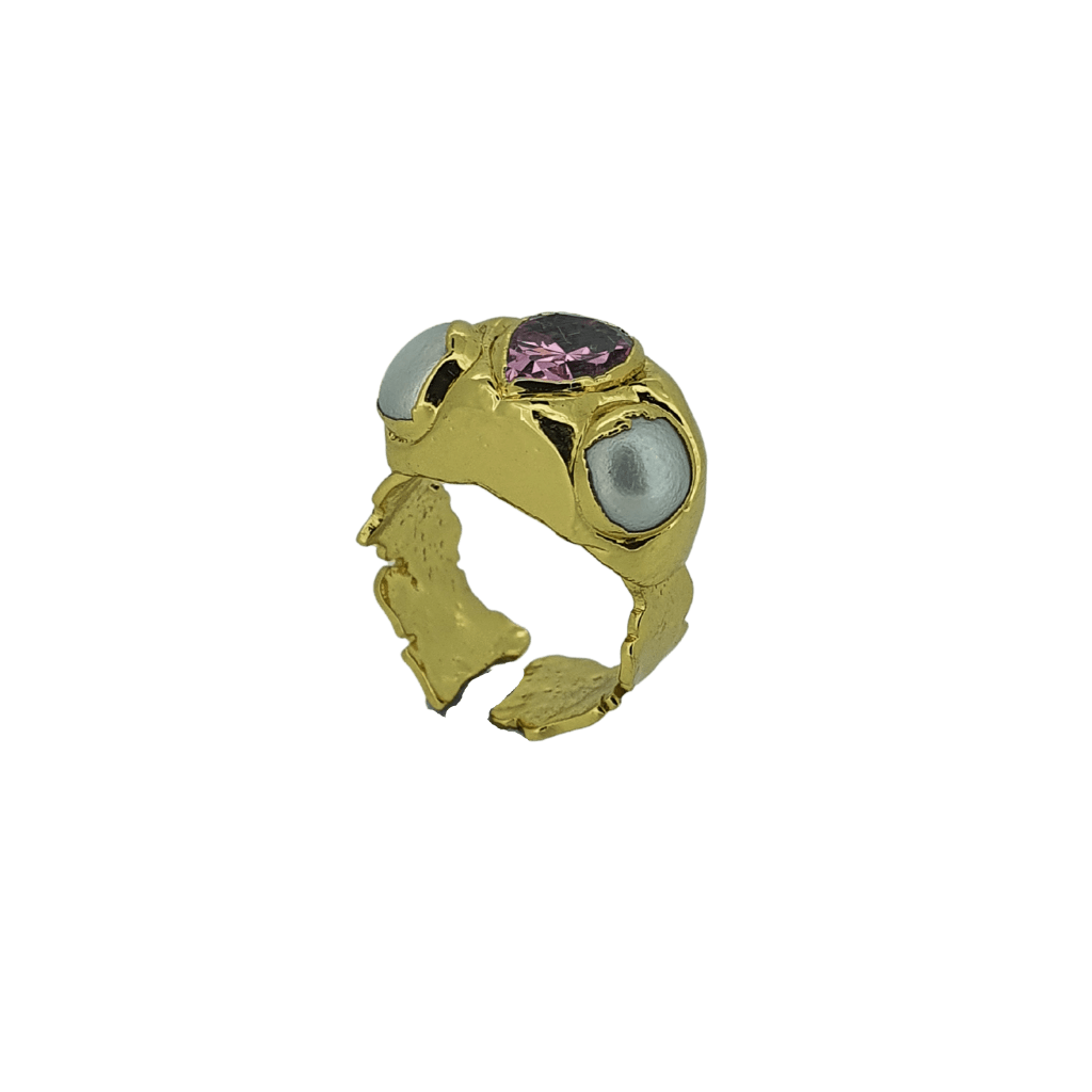 18k gold plated hammered purple cz crystal pearl ring