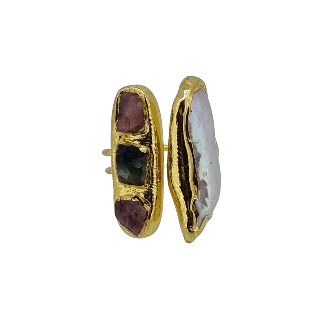18k gold plated double pearl tourmaline ring