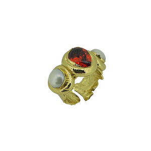 18k gold plated hammered ruby crystal pearl ring
