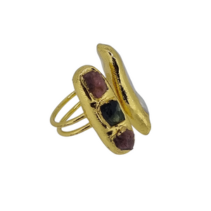 18k gold plated double pearl tourmaline ring