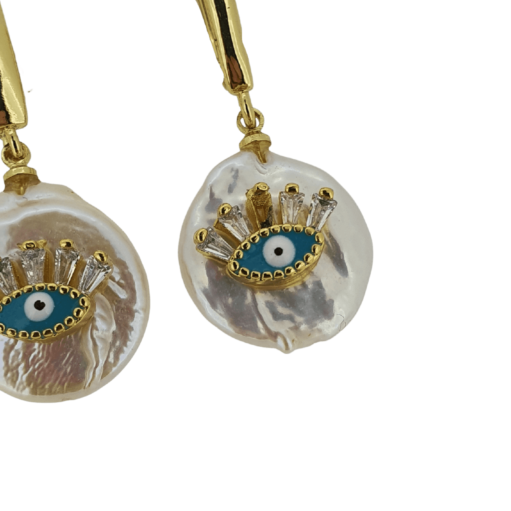 925 sterling silver gold plated cz evil eye pearl huggies
