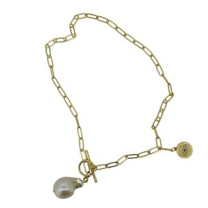 18k gold plated baroque pearl evil eye chain necklace