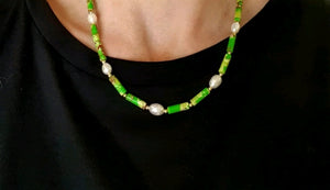 18k gold plated green stone & seed pearl necklace